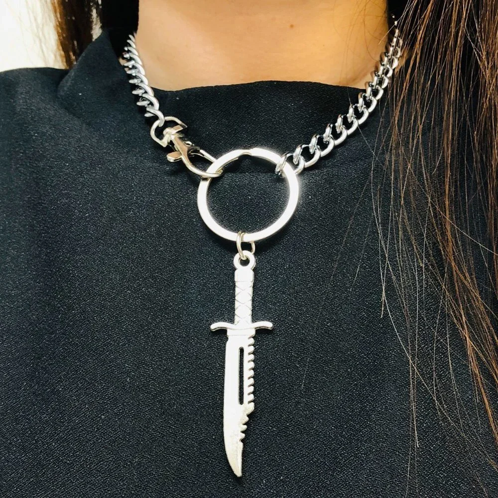 Chunky Big Knife Sword O Rings Cuban Punk Rock side Wallet waist chain belt 15" - Picture 3 of 4